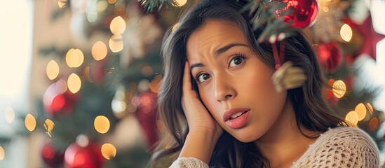 A surprised young Hispanic woman is standing in front of a Christmas tree, holding her head in frustration. She appears to be recalling a mistake, showing forgetfulness or experiencing a bad memory - obrazy, fototapety, plakaty