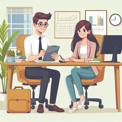 Young couple doing business together working at small office, vector illustration