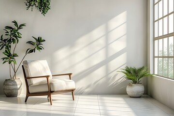 Bright minimalist interior featuring a comfortable armchair, indoor plants, and natural light filtering through large windows. Generative AI