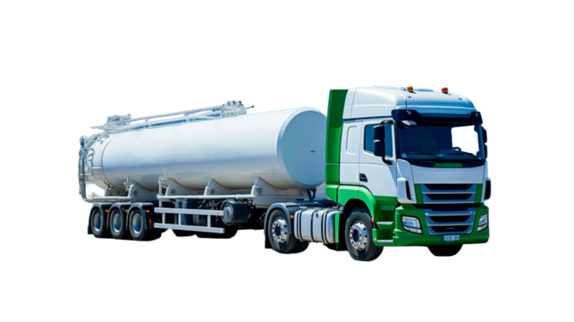 Truck with hydrogen fuel tank trailer H2 Hydrogen. Renewable or sustainable electricity. Truck engine for emission free eco friendly transport isolated on transparent or white background.
