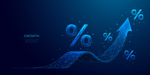Abstract digital arrow up and percent polygonal symbols on technology blue background. The growth arrow consists of polygons, lines, and connected dots. Discount or Sale concept. Vector illustration.