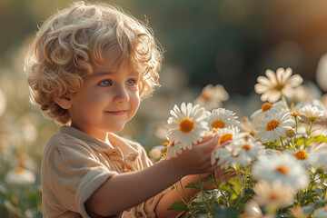 Little baby boy holding a daisy and laughing in the field of flowers. Life without allergies, breathe freely. Boy and daisies. Child dreaming and smiling against the background of a camomile field.