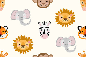Animal face characters seamless pattern. Elephant, tiger and zebra vector.	