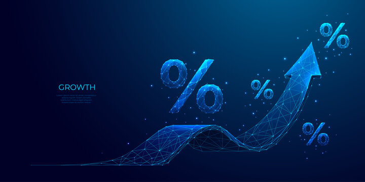 Abstract digital arrow up and percent polygonal symbols on technology blue background. The growth arrow consists of polygons, lines, and connected dots. Discount or Sale concept. Vector illustration.