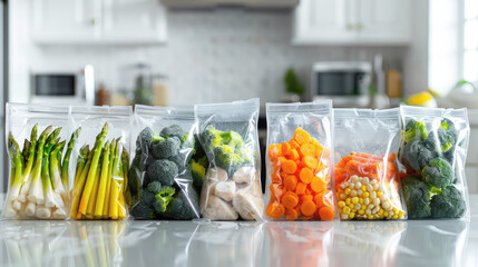 various frozen vegetables in vacuum plastic bags on the table in the kitchen