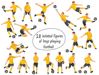 Fototapeta na wymiar Set of 18 vector isolated teenager figures of junior football players and goalkeepers in yellow sports uniform jumping, running, catching the ball on white background