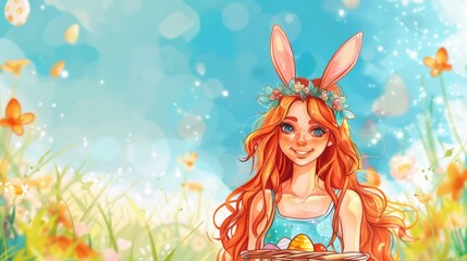 Obraz na płótnie Canvas Illustration of a cheerful girl with bunny ears holding an Easter egg basket, amidst a vibrant field of spring flowers under a glittery sky.