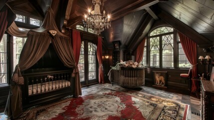 An ornately carved, dark Gothic baby nursery room with a canopy bed, intricate stained glass windows, and classic chandeliers, evoking a historic and luxurious atmosphere