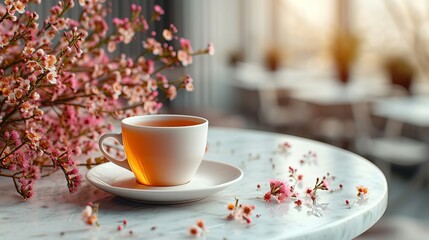 Cup of tea and blooming Apple branch on a gray concrete background with copy space. Concept morning Breakfast.