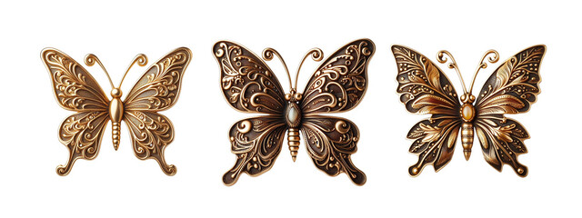 Butterfly brooch old fashion made of gold with intricate design 3 set transparent background PNG - obrazy, fototapety, plakaty