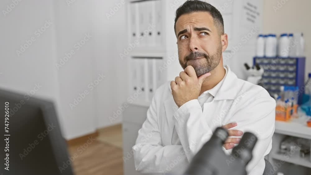 Poster Pensive young hispanic scientist, finger on chin, deep in thought at lab computer, brewing wonder with a dash of doubt.