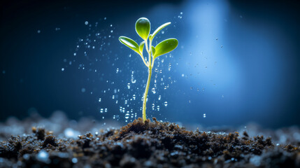 Young green seedling sprouting with sparkling water droplets