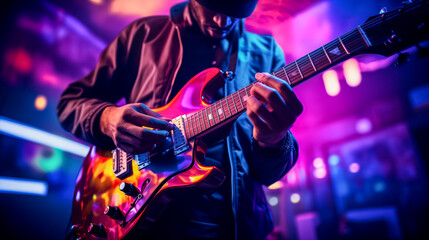 Musician playing electric guitar in vibrant neon lights - obrazy, fototapety, plakaty