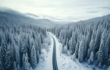Fototapeta na wymiar Serene winter wonderland with snowy forest road