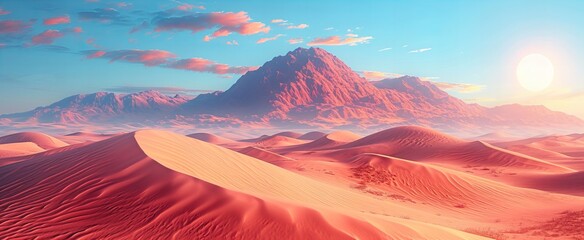 Digital rendering of abstract the sun sets over a desert landscape with sand dunes in the foreground and a mountain range in the distance. background