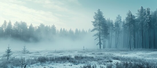 A cold winter morning blankets a field with dense fog. Trees emerge from the mist in the background, while grasses in the foreground are shrouded in the icy haze.