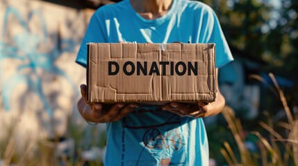 Person holding a cardboard box labeled "DONATION" in a casual outdoor setting with graffiti in the background.