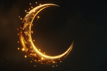 Obraz na płótnie Canvas 3d golden crescent with stars on a black background. ramadan kareem holiday celebration concept. greeting card template