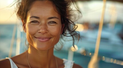 A woman with a radiant smile standing on a boat with the sun setting behind her creating a warm golden glow.