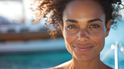 A close-up of a smiling woman with curly hair freckles and a serene expression set against a blurred background of a pool and a boat. - obrazy, fototapety, plakaty