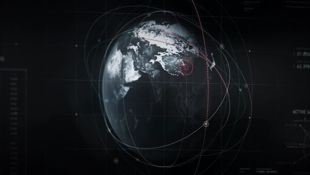 Animation of the modern military globe analyzing system. Animation of the globe analyzing process shown on the screen. Animation of globe analyzing technology finding satellite coordinates in Asia. UI