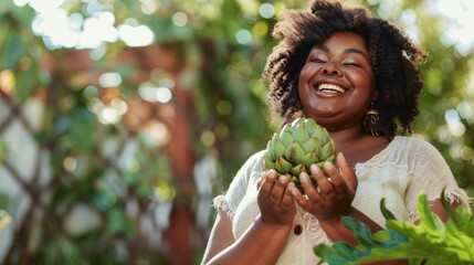 Joyful woman with curly hair wearing white top holding green artichoke smiling surrounded by lush greenery bright sunlight and blurred background.