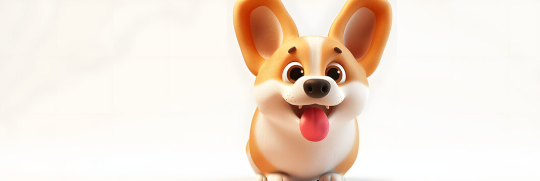 Simple fat cute funny kawaii fluffy cartoon orange corgi puppy, dot eyes, red tongue sticking out of mouth in standing playful pose. Lovely adorable pet minimal style. 3d render isolated transparent.