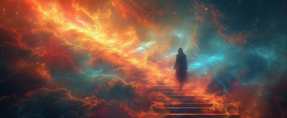 Psychedelic journey woman stair road to the dream background - obrazy, fototapety, plakaty