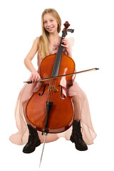 Fototapeta na wymiar Young girl in elegant pink dress playing cello
