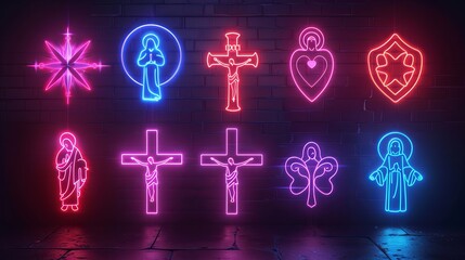 Jesus Christ cross icons vector style neon set on black background