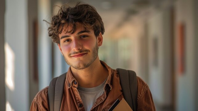Young man with curly hair wearing a brown shirt and a backpack holding a book smiling in a hallway with natural light.