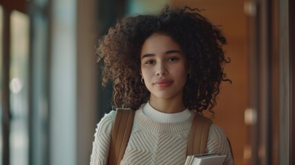 Fototapeta premium Young woman with curly hair wearing a white sweater carrying a brown backpack and holding a book standing in a brightly lit room with a blurred background.