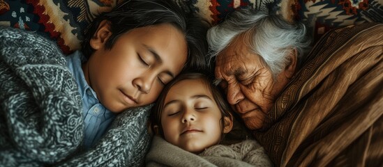 An elderly woman and a child are peacefully sleeping side by side in a heartwarming painting, capturing the essence of family bonds and generational relationships.