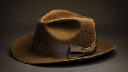 Elegant brown fedora hat showcased on a dark surf. - obrazy, fototapety, plakaty