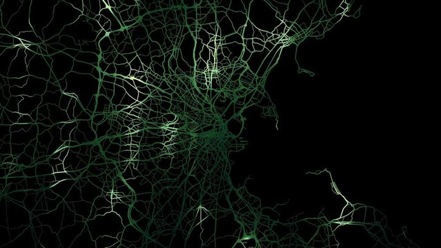 Zoom in road map of Boston Massachusetts with green glowing roads on a black background.