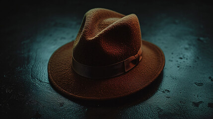 Elegant brown fedora hat showcased on a dark surf. - obrazy, fototapety, plakaty