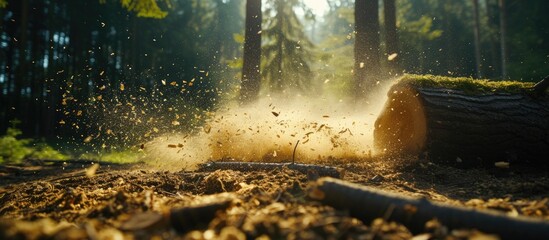 A tree in the forest is being cut down by a chainsaw, with sawdust flying as it is processed into firewood.