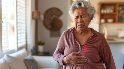 An elderly woman with closed eyes grimacing in pain holding her chest standing in a living room. - obrazy, fototapety, plakaty
