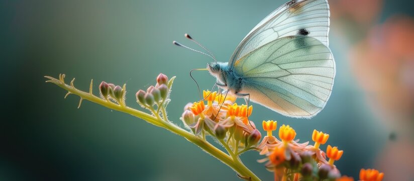 A white butterfly gracefully sits atop a delicate flower, showcasing a stunning harmony between the two natural subjects in the photo.