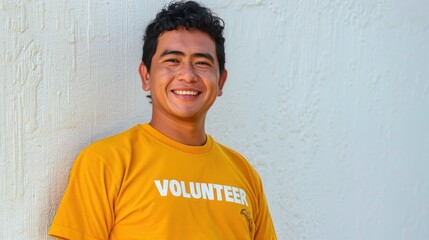 Smiling man in yellow shirt with "VOLUNTEER" printed on it standing against white wall.