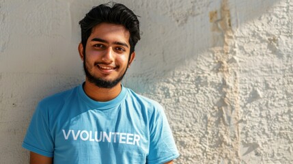 Young man with a beard wearing a blue t-shirt with the word "VOLUNTEER" printed on it standing against a textured white wall.