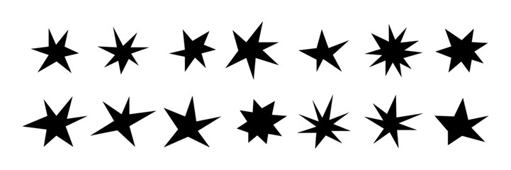 Different stars and sparkles. Hand drawn, doodle abstract elements isolated on a white background. Black modern trendy shapes. Vector illustration