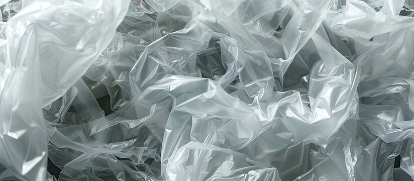 This black and white scene shows a collection of various plastic bags, including bubble wrap, disposable bags, and packing tape, piled together. The recyclable plastic waste is being gathered as part