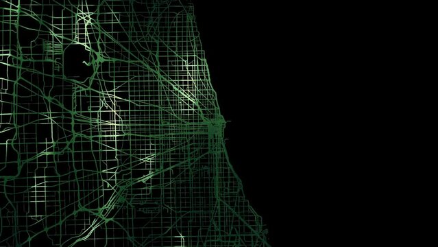 Zoom in road map of Chicago Illinois with green glowing roads on a black background.
