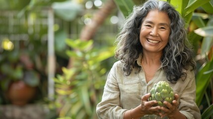 A woman with gray hair smiling holding a green artichoke surrounded by lush greenery.