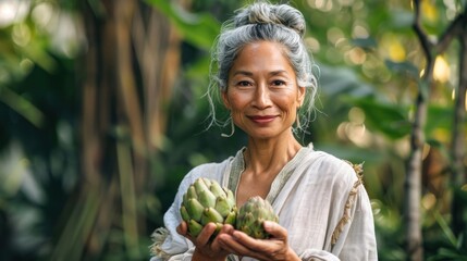 Asian woman with gray hair smiling holding two green artichokes standing in a forested area with blurred greenery in the background.