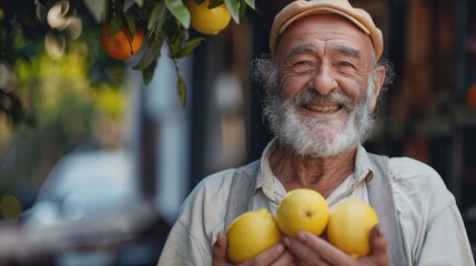 Old man with white beard and mustache wearing a hat holding three lemons standing in front of a...