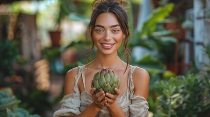 A young woman with a radiant smile holding a large green artichoke standing amidst lush greenery evoking a sense of freshness and vitality.