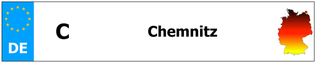 Chemnitz car licence plate sticker name and map of Germany. Vehicle registration plates frames German number