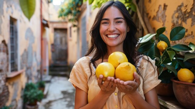 A woman with a radiant smile holding three ripe lemons stands in front of a rustic wall with plants exuding a warm and inviting aura.